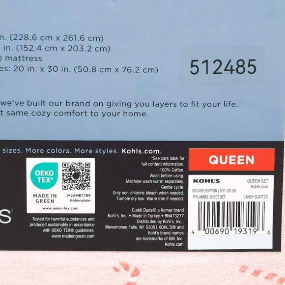 Cuddl Duds Queen Heavyweight Flannel Sheet Set Pink Candy Cane Brushed Cotton - Picture 8 of 9